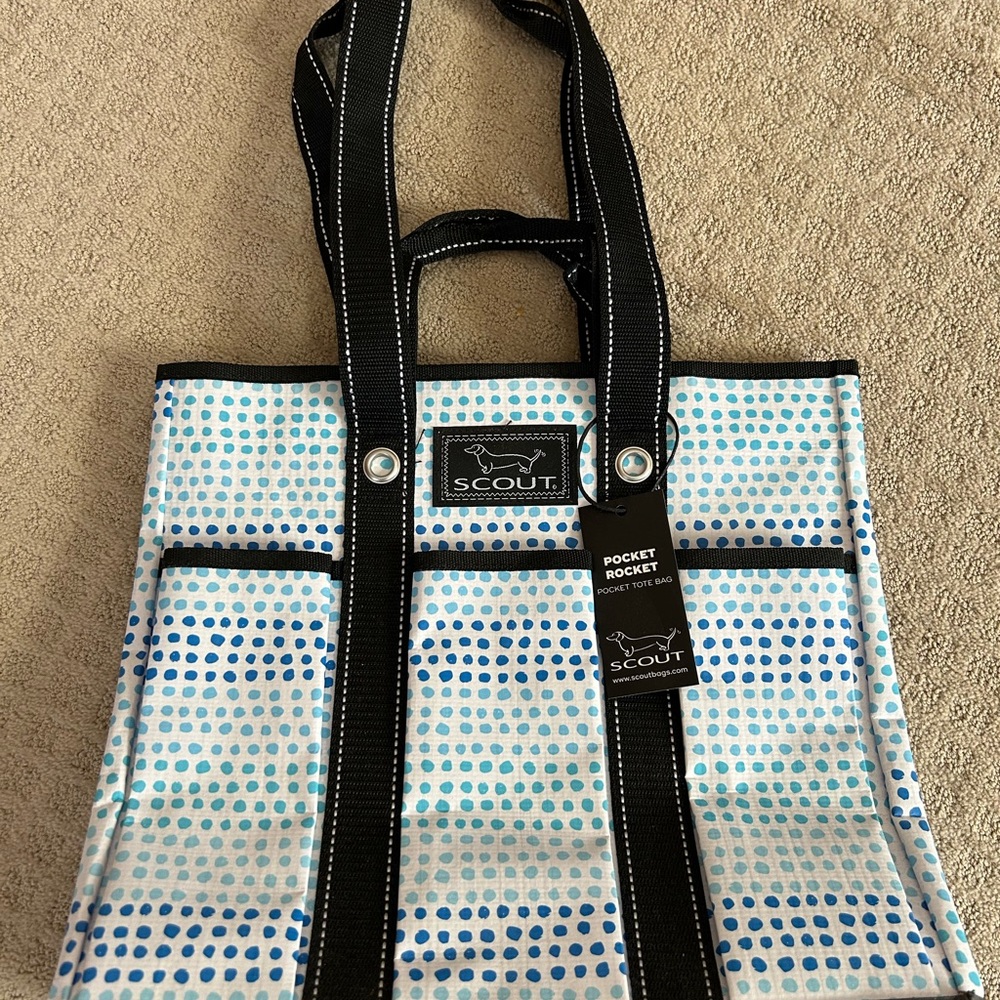Scout Pocket Rocket Tote in Blue Dot Print with Black Trim